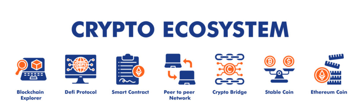 CRYPTO ECOSYSTEM web banner icon vector illustration concept for business with icon of Blockchain Explorer, Defi Protocol, Smart Contract, Peer to peer Network, Crypto Bridge, Stable Coin.