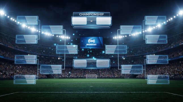 Tournament bracket championship playoff tree graphic over soccer stadium at night.