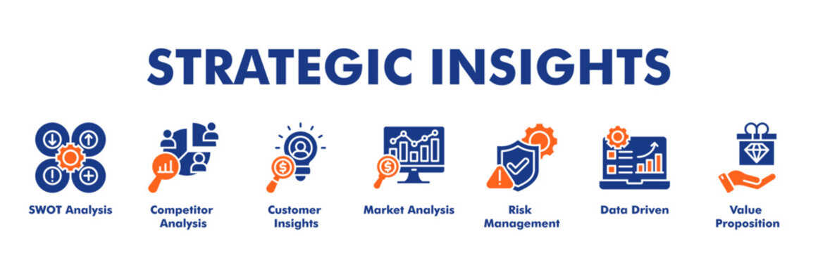 STRATEGIC INSIGHTS web banner icon vector illustration concept for business with icon of SWOT Analysis, Competitor Analysis, Customer Insights, Market Analysis, Risk Management, Data Driven.