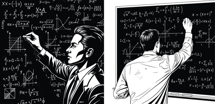 Man writing complex math equations on a chalkboard in a classroom