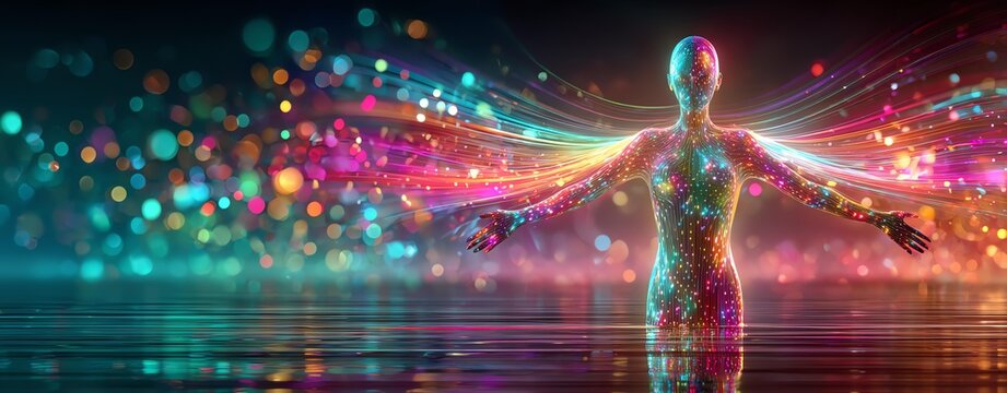 An ethereal figure in a colorful, glowing landscape.
