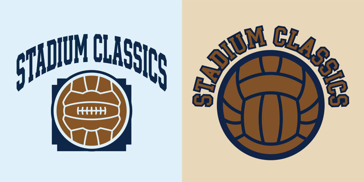 Stadium classics logo with vintage football and laurel wreath, heritage and tradition.