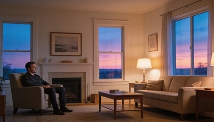 Fototapeta premium Sitting male wearing dark shirt and pants in beige armchair by fireplace at dusk, copy space