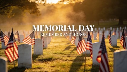 Plakat Showing marble headstones lining national cemetery lawn at sunset with flags, MEMORIAL DAY text