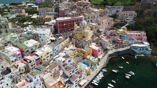 Beautiful aerial view of Procida seaside village and