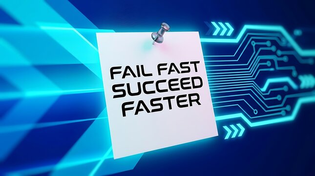 White note with "Fail Fast Succeed Faster" text pinned against a futuristic blue digital circuit board, emphasizing rapid learning and innovation.