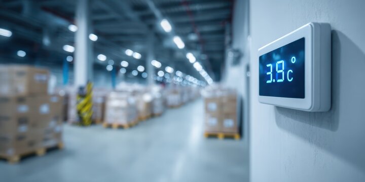 Industrial temperature digital display. A view inside a cold storage warehouse with shelves filled boxes. Gauges display measurements in a large manufacturing facility. Inventory control. Logistic