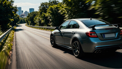 Fototapeta premium Sleek automobile cruising on a scenic highway towards the city