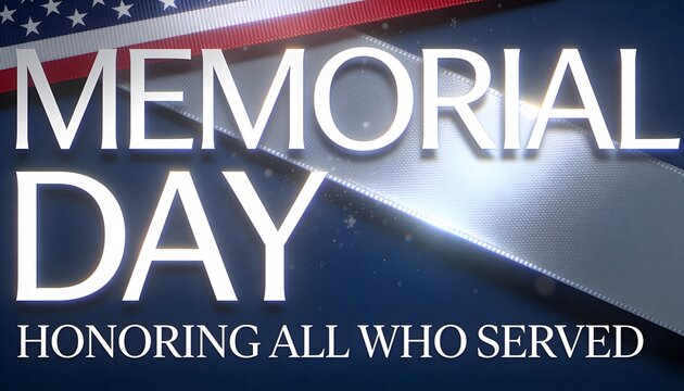 Displaying MEMORIAL DAY and HONORING ALL WHO SERVED tagline on navy, silver ribbon, flag, sparkles