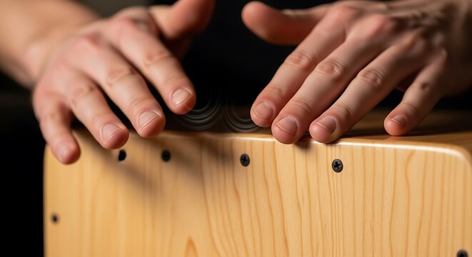 musicians hands are shown in close-up, actively playing a wooden cajon drum, highlighting the percussive action.