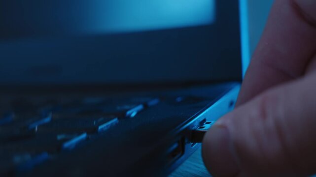 Close up on hand plugging flash drive or memory stick into laptop computer. Stealing information at night in dark office by hacker or spy or installing malware software. Business fraud and conspiracy