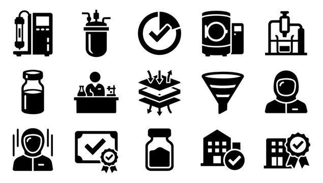 Peptide Production and Pharmaceutical Purity Silhouette Icons Set