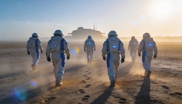 Walking six astronauts in white-blue suits crossing dusty plain toward spacecraft, lit backpacks