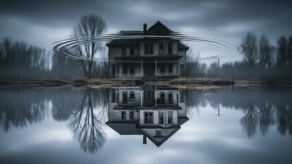 Obraz premium Mirror reflection of a vintage abandoned house in a tranquil lake surrounded by woodland creating