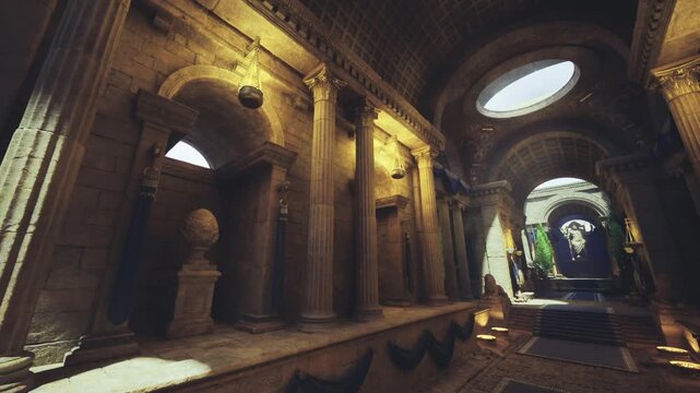 adventurer corridor leading toward glowing arch and distant garden, textured stone steps and vines hint at discovery and expedition atmosphere