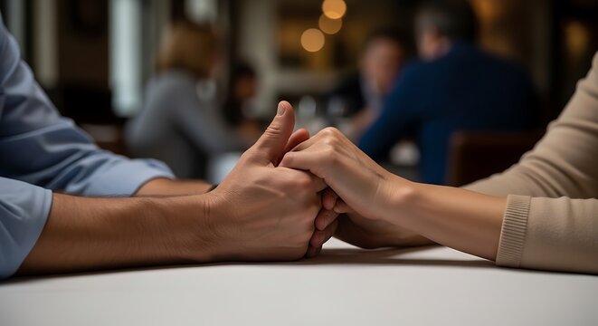 couples hands clasped together on a table in a dimly lit restaurant, symbolizing connection and intimacy.