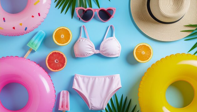 Summer Beach Flat Lay with Pink Bikini and Colorful Pool Floats