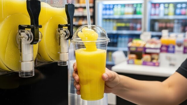 Refreshing yellow slushy beverage being served in a transparent plastic cup in a convenient store