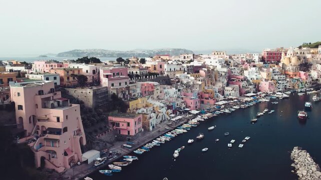 Spectacular aerial view of Procida old town and