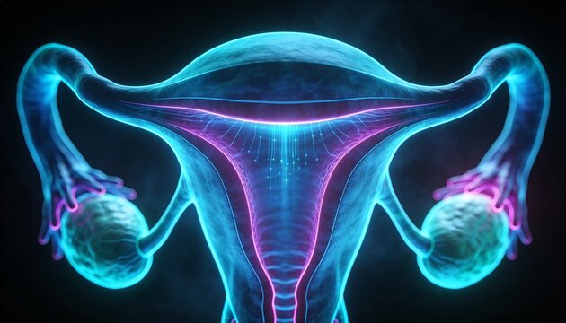 Showing female reproductive anatomy glowing on dark backdrop, with uterus, tubes, fimbriae, ovaries