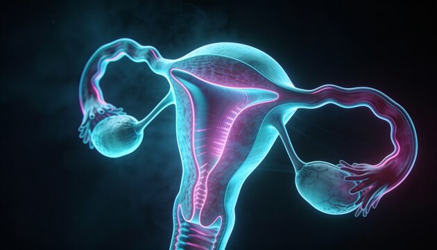 Glowing neon uterus model revealing endometrium, fallopian tubes, fimbriae and ovaries in studio