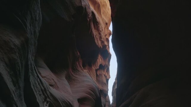 Light filters between towering sandstone walls inside Buckskin Gulch slot canyon, smooth curves, tilt up