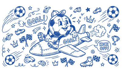 Vintage 1930s Rubber Hose Style Soccer Ball Mascot and Football Doodle Set © Avartde