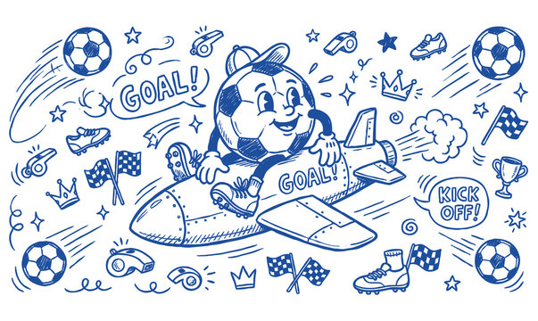 Vintage 1930s Rubber Hose Style Soccer Ball Mascot and Football Doodle Set