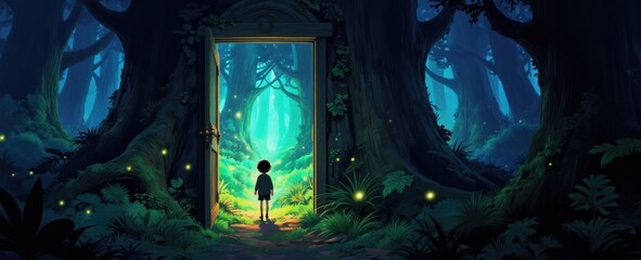 Fototapeta premium Child enters glowing doorway into lush green fantasy forest. Boy stands on path with fireflies, facing bright magical woods. Open portal reveals enchanted nature realm.