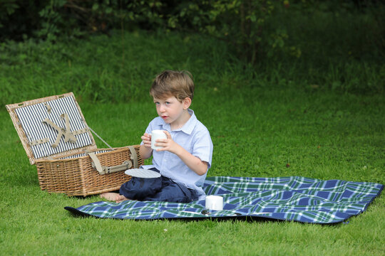 Kleiner Junge mit Picknickkorb im Garten