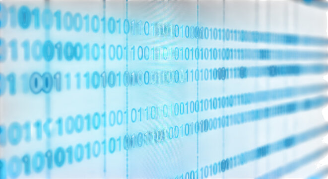 Glowing blue binary code background, with rows of, ones and zeros, fading into a, dark perspective, representing, digital data and computer