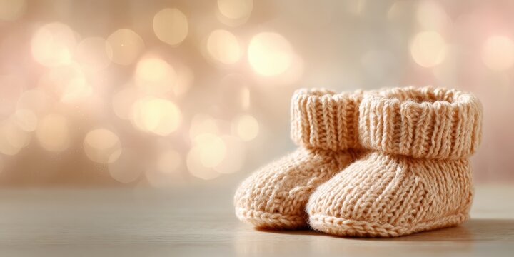 Close up knitted textile baby booties. Pregnancy banner. Baby shoes beige pair. Pastel bokeh background. Gender neutral garment accessories. Organic newborn bootie, fashion, branding. Delicate Present