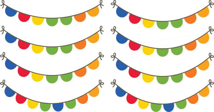 Colorful party bunting garland vector set, cute birthday celebration festival flags hanging decorative borders