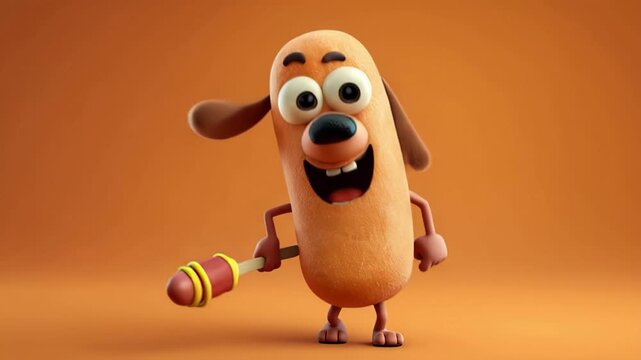 Dog character holds a hot dog with mustard on a stick in a bright orange background at a food festival event in a fun, playful setting