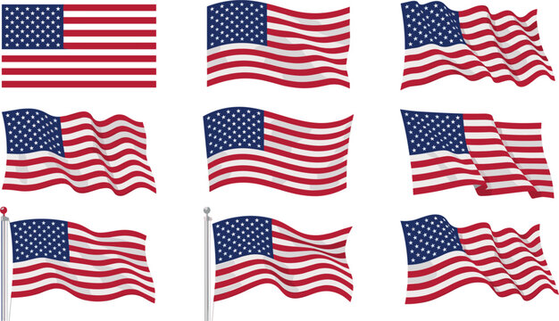 American flag waving vector set, patriotic USA flags isolated on white background for fourth of July