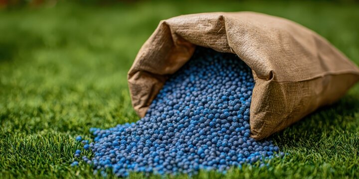 Blue granulated fertilizer scattered from paper bag on a green grass. Chemical industry. Fertilization, nutrient, growth. Smart farming Innovation. Mineral plant food granules. Eco vegetable garden.
