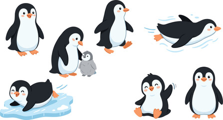 Cute penguins cartoon vector set, funny arctic birds swimming sliding waving for winter design © Sanjina