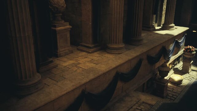 Dimly lit ancient stone colonnade with shallow reflecting pools, worn steps, warm illumination, draped garlands, dust motes, cinematic shadows, evocative