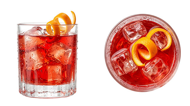 Negroni cocktail drink with orange peel in glass and bowl isolated on transparent background. Ai Generated