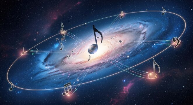 Glowing musical notes orbiting a spiral galaxy in deep space
