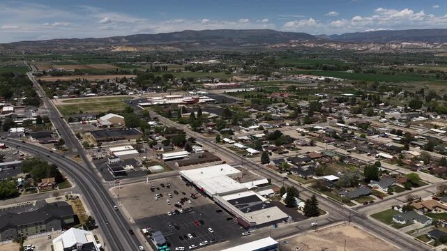 Aerial over small town Vernal Utah in Spring time in high desert