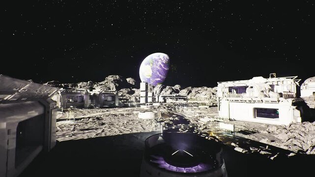Landing pad with cargo ring and shuttle bays, supply trucks and transfer arms, coordinated routes through crater valley, logistical lights and storage silos,