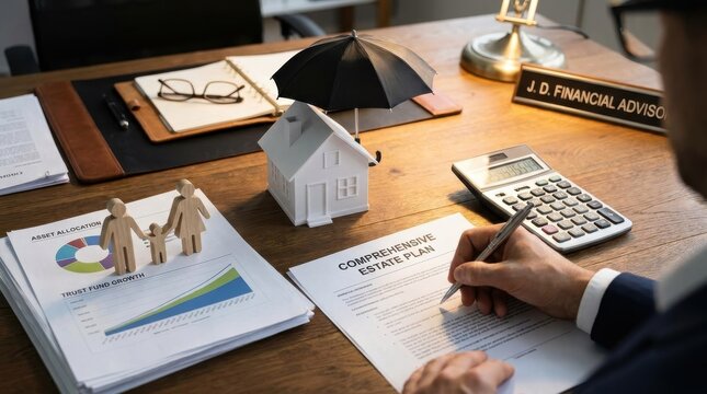 Financial Advisor Reviewing Comprehensive Estate Plan at Office Desk