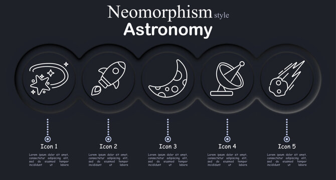 Astronomy set icon. Shooting star trail, space rocket launch, moon surface crater, satellite dish signal, meteor asteroid fall, universe exploration, cosmic science.