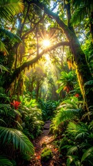 Fototapeta premium Vibrant immersive nature photography capturing the dense lush green foliage of a deep tropical rainforest.