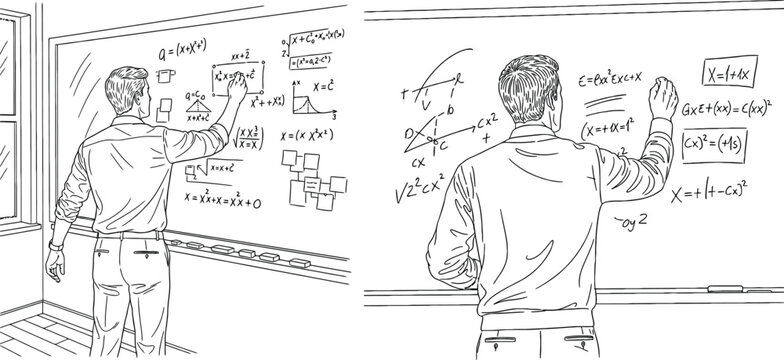 A male teacher writing math equations on a classroom whiteboard