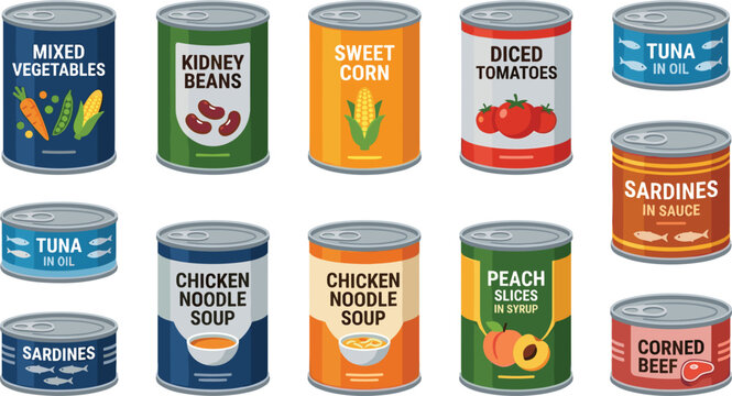 Canned food vector set with tin cans of vegetables, soup tuna corn and peaches