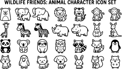 Obraz premium Wildlife Friends Animal Character Icon Set. Cute Black and White Outline Line Art Collection for Children and Education.