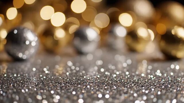 Sparkling silver glitter on festive background with golden bokeh lights. Abstract Christmas and New Year holiday texture for party or celebration backdrop.