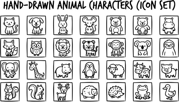 Hand-Drawn Animal Characters Icon Set in Black and White Outline Style. Cute Cartoon Animals Collection for Kids, Education, and Wildlife Themes.